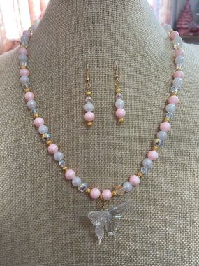 Artisan Glass Beaded Butterfly Necklace and Earrings Set